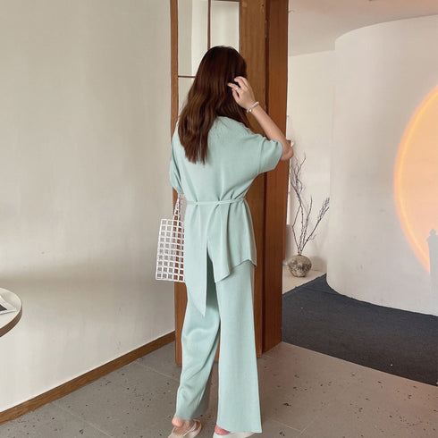 ニットセットアップ 冷感タッチレディース サマーニット ワイドパンツ 2点セット ゆったり オフィスカジュアル セットアップ スリット トップス きれいめ 薄手 83JINXIU-001
