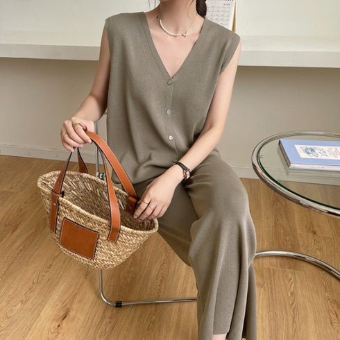 サマーニットセットアップ 冷感タッチ薄手 レディース 2点ニットセット オフィスカジュアル セットアップ ノースリーブ ベスト 体型カバー ワイドパンツ きれいめ 83JINXIU-002