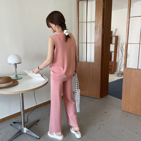 サマーニットセットアップ 冷感タッチ薄手 レディース 2点ニットセット オフィスカジュアル セットアップ ノースリーブ ベスト 体型カバー ワイドパンツ きれいめ 83JINXIU-002