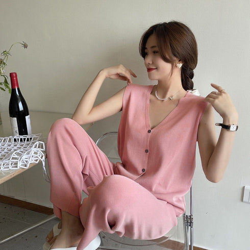 サマーニットセットアップ 冷感タッチ薄手 レディース 2点ニットセット オフィスカジュアル セットアップ ノースリーブ ベスト 体型カバー ワイドパンツ きれいめ 83JINXIU-002