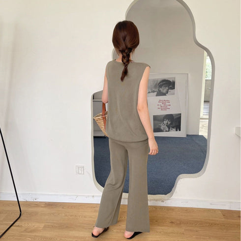 サマーニットセットアップ 冷感タッチ薄手 レディース 2点ニットセット オフィスカジュアル セットアップ ノースリーブ ベスト 体型カバー ワイドパンツ きれいめ 83JINXIU-002