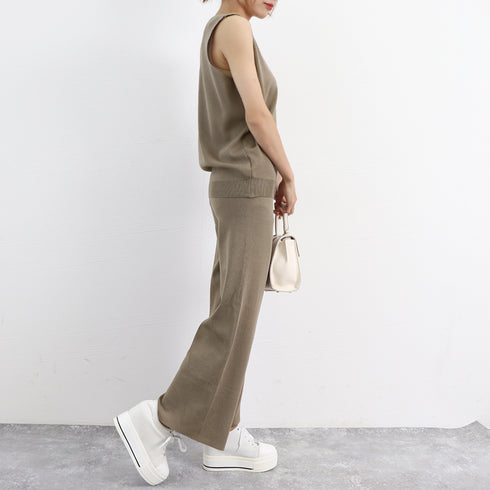 サマーニットセットアップ 冷感タッチ薄手 レディース 2点ニットセット オフィスカジュアル セットアップ ノースリーブ ベスト 体型カバー ワイドパンツ きれいめ 83JINXIU-002