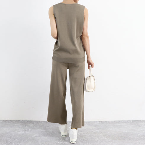 サマーニットセットアップ 冷感タッチ薄手 レディース 2点ニットセット オフィスカジュアル セットアップ ノースリーブ ベスト 体型カバー ワイドパンツ きれいめ 83JINXIU-002