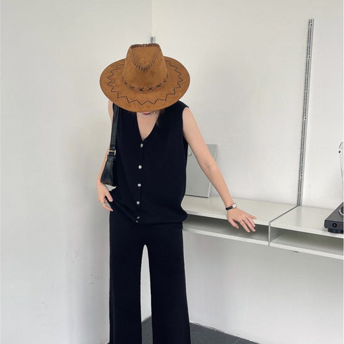 サマーニットセットアップ 冷感タッチ薄手 レディース 2点ニットセット オフィスカジュアル セットアップ ノースリーブ ベスト 体型カバー ワイドパンツ きれいめ 83JINXIU-002