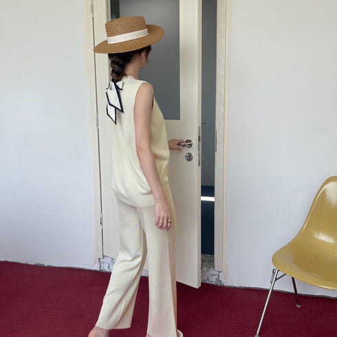 サマーニットセットアップ 冷感タッチ薄手 レディース 2点ニットセット オフィスカジュアル セットアップ ノースリーブ ベスト 体型カバー ワイドパンツ きれいめ 83JINXIU-002