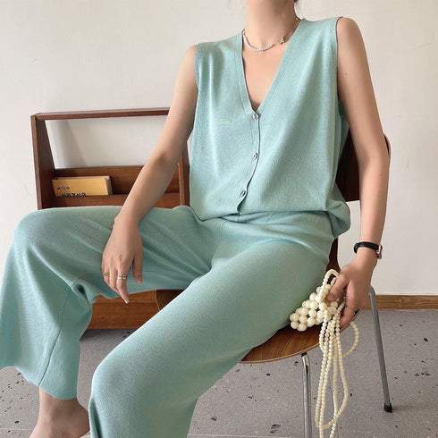 サマーニットセットアップ 冷感タッチ薄手 レディース 2点ニットセット オフィスカジュアル セットアップ ノースリーブ ベスト 体型カバー ワイドパンツ きれいめ 83JINXIU-002
