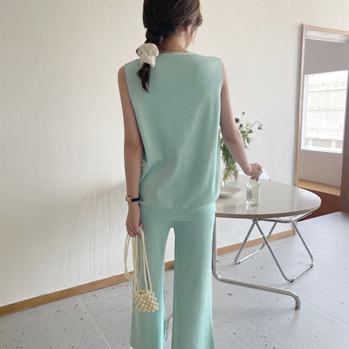 サマーニットセットアップ 冷感タッチ薄手 レディース 2点ニットセット オフィスカジュアル セットアップ ノースリーブ ベスト 体型カバー ワイドパンツ きれいめ 83JINXIU-002