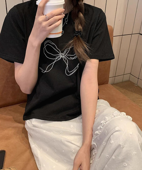 リボンプリントTシャツ レディース 半袖 イラストTシャツ大人可愛い ラウンドネック白t ゆったりトップス体型カバー シンプルカットソーお洒落クルーネックtシャツ 83JIXI-001