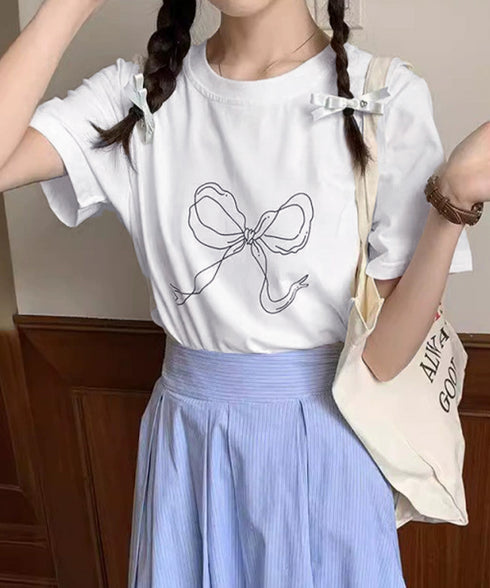 リボンプリントTシャツ レディース 半袖 イラストTシャツ大人可愛い ラウンドネック白t ゆったりトップス体型カバー シンプルカットソーお洒落クルーネックtシャツ 83JIXI-001