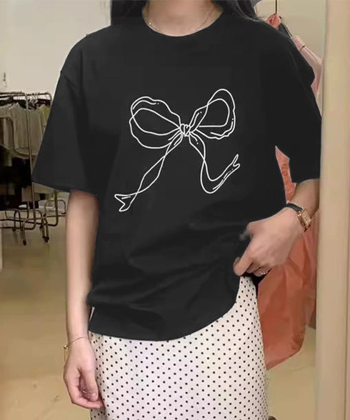 リボンプリントTシャツ レディース 半袖 イラストTシャツ大人可愛い ラウンドネック白t ゆったりトップス体型カバー シンプルカットソーお洒落クルーネックtシャツ 83JIXI-001