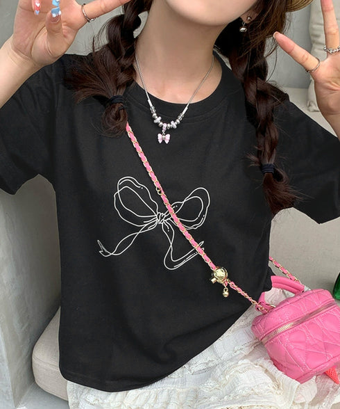 リボンプリントTシャツ レディース 半袖 イラストTシャツ大人可愛い ラウンドネック白t ゆったりトップス体型カバー シンプルカットソーお洒落クルーネックtシャツ 83JIXI-001