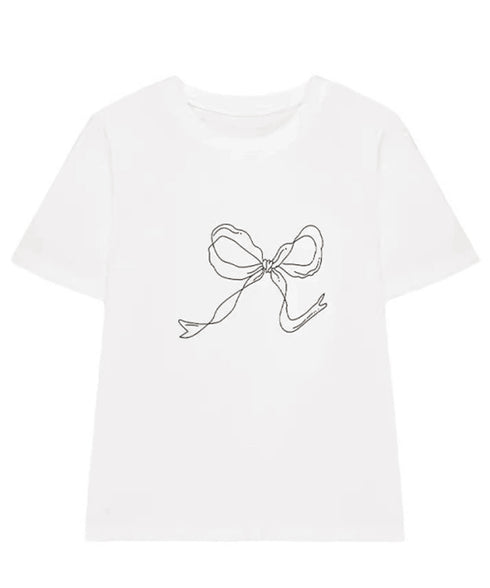 リボンプリントTシャツ レディース 半袖 イラストTシャツ大人可愛い ラウンドネック白t ゆったりトップス体型カバー シンプルカットソーお洒落クルーネックtシャツ 83JIXI-001
