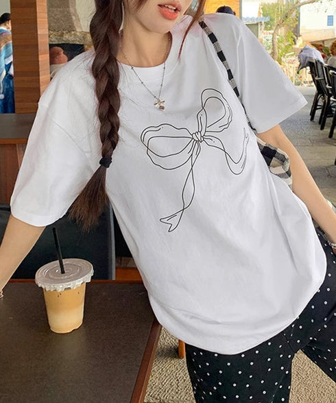 リボンプリントTシャツ レディース 半袖 イラストTシャツ大人可愛い ラウンドネック白t ゆったりトップス体型カバー シンプルカットソーお洒落クルーネックtシャツ 83JIXI-001