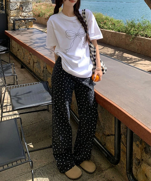 リボンプリントTシャツ レディース 半袖 イラストTシャツ大人可愛い ラウンドネック白t ゆったりトップス体型カバー シンプルカットソーお洒落クルーネックtシャツ 83JIXI-001