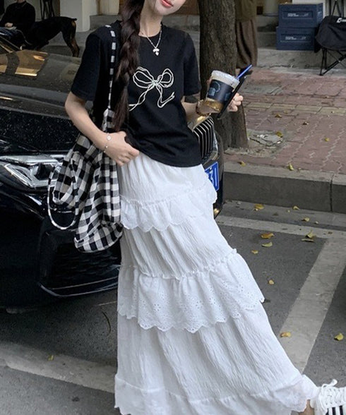 リボンプリントTシャツ レディース 半袖 イラストTシャツ大人可愛い ラウンドネック白t ゆったりトップス体型カバー シンプルカットソーお洒落クルーネックtシャツ 83JIXI-001