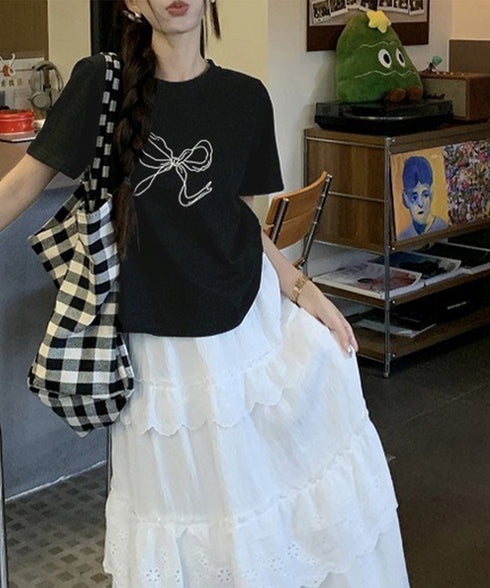 リボンプリントTシャツ レディース 半袖 イラストTシャツ大人可愛い ラウンドネック白t ゆったりトップス体型カバー シンプルカットソーお洒落クルーネックtシャツ 83JIXI-001