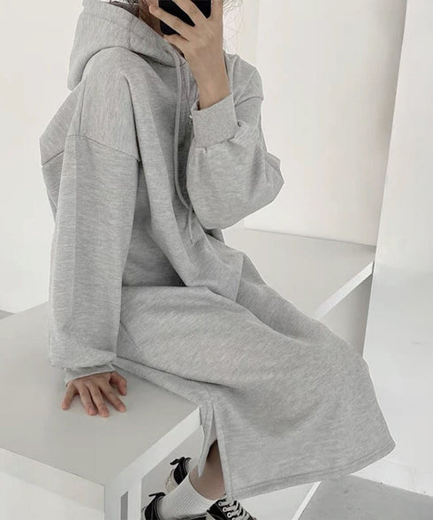 裏起毛 ロングパーカーワンピース 着やせ レディース 大人カジュアル ロングワンピース 体型カバー サイドスリット ゆったりフーディーワンピース スウェットワンピ 83JIXI-002