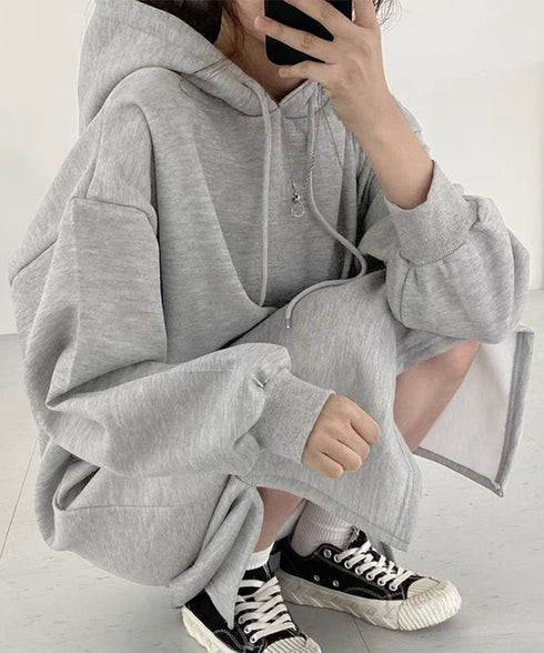 裏起毛 ロングパーカーワンピース 着やせ レディース 大人カジュアル ロングワンピース 体型カバー サイドスリット ゆったりフーディーワンピース スウェットワンピ 83JIXI-002