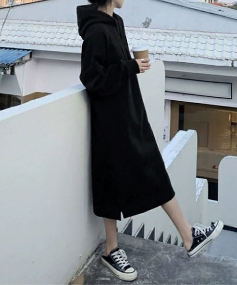 裏起毛 ロングパーカーワンピース 着やせ レディース 大人カジュアル ロングワンピース 体型カバー サイドスリット ゆったりフーディーワンピース スウェットワンピ 83JIXI-002