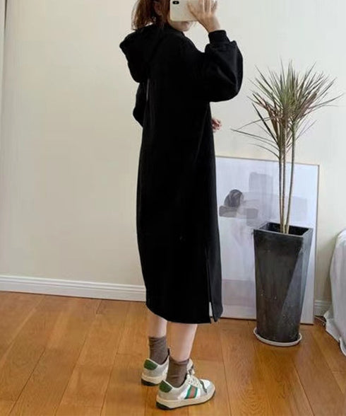 裏起毛 ロングパーカーワンピース 着やせ レディース 大人カジュアル ロングワンピース 体型カバー サイドスリット ゆったりフーディーワンピース スウェットワンピ 83JIXI-002