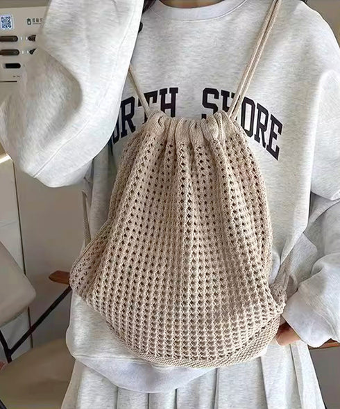 メッシュリュックサックニットナップサック レディース メッシュ編み鞄 大人可愛い ドローストリングバッグ お洒落巾着リュック 通気性かばん 軽量バッグ 旅行鞄黒 83JIXIN-002