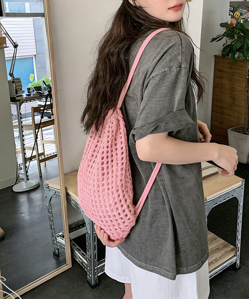 メッシュリュックサックニットナップサック レディース メッシュ編み鞄 大人可愛い ドローストリングバッグ お洒落巾着リュック 通気性かばん 軽量バッグ 旅行鞄黒 83JIXIN-002