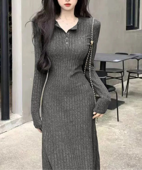 リブニットワンピース 長袖 ロングワンピ レディース フロントボタンワンピース タイトめシルエット 大人可愛い Vネックボディコンワンピ 無地ストレッチワンピ秋冬 83JXX-001