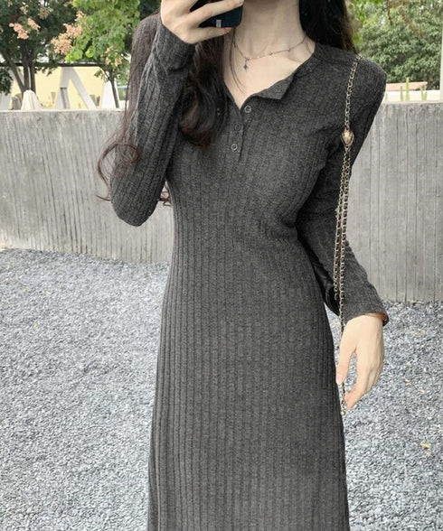 リブニットワンピース 長袖 ロングワンピ レディース フロントボタンワンピース タイトめシルエット 大人可愛い Vネックボディコンワンピ 無地ストレッチワンピ秋冬 83JXX-001