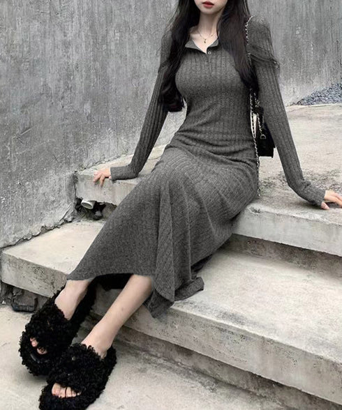 リブニットワンピース 長袖 ロングワンピ レディース フロントボタンワンピース タイトめシルエット 大人可愛い Vネックボディコンワンピ 無地ストレッチワンピ秋冬 83JXX-001