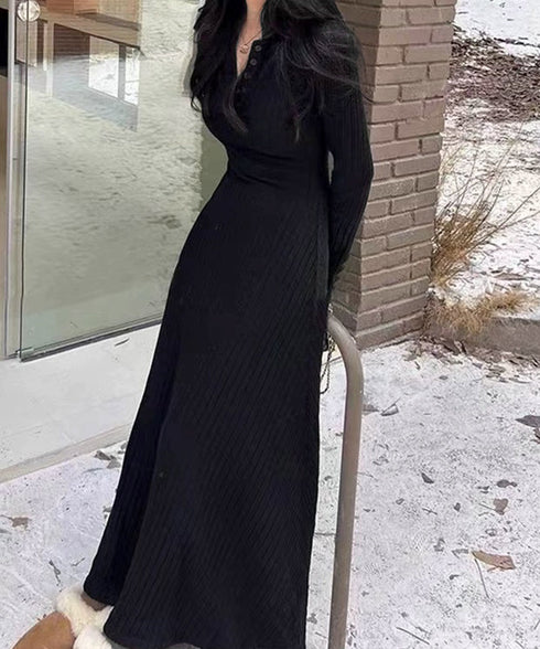 リブニットワンピース 長袖 ロングワンピ レディース フロントボタンワンピース タイトめシルエット 大人可愛い Vネックボディコンワンピ 無地ストレッチワンピ秋冬 83JXX-001