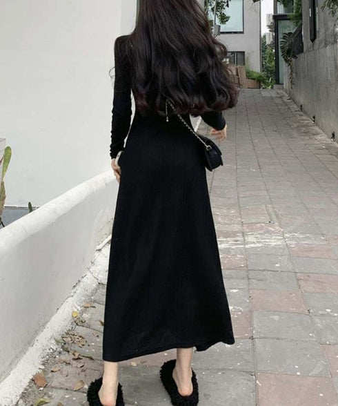 リブニットワンピース 長袖 ロングワンピ レディース フロントボタンワンピース タイトめシルエット 大人可愛い Vネックボディコンワンピ 無地ストレッチワンピ秋冬 83JXX-001