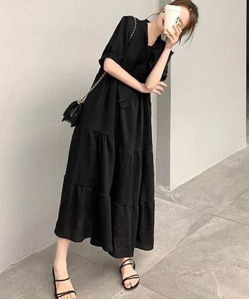 リボンタイ ティアードワンピースミモレ丈 体型カバーロングワンピース きれいめ ゆったりワンピース 半袖 着やせワンピ おしゃれ オフィスカジュアル 韓国風 旅行 83KANGK-001