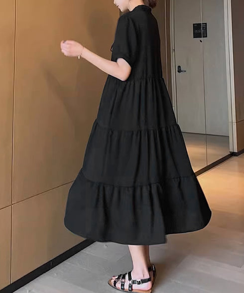 リボンタイ ティアードワンピースミモレ丈 体型カバーロングワンピース きれいめ ゆったりワンピース 半袖 着やせワンピ おしゃれ オフィスカジュアル 韓国風 旅行 83KANGK-001