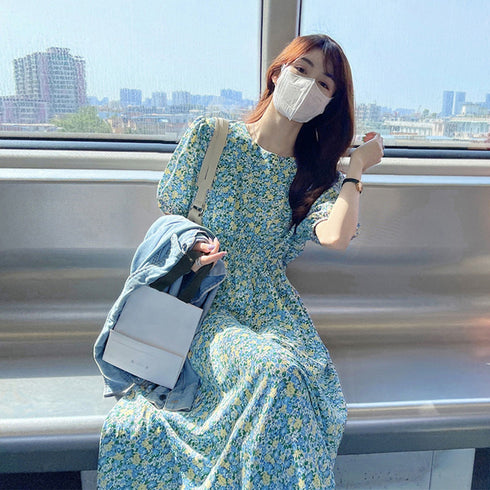 花柄 ロングワンピース レディース 春夏 大人可愛い リゾートワンピース クルーネック 総柄 パフスリーブ 半袖 サマーワンピ フラワー柄 体型カバー きれいめ 83KMIER-001