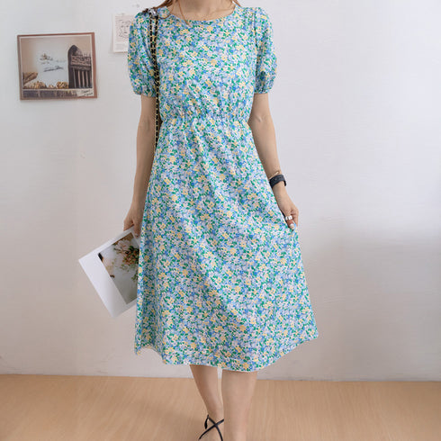 花柄 ロングワンピース レディース 春夏 大人可愛い リゾートワンピース クルーネック 総柄 パフスリーブ 半袖 サマーワンピ フラワー柄 体型カバー きれいめ 83KMIER-001