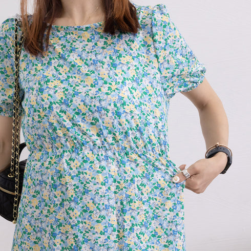 花柄 ロングワンピース レディース 春夏 大人可愛い リゾートワンピース クルーネック 総柄 パフスリーブ 半袖 サマーワンピ フラワー柄 体型カバー きれいめ 83KMIER-001