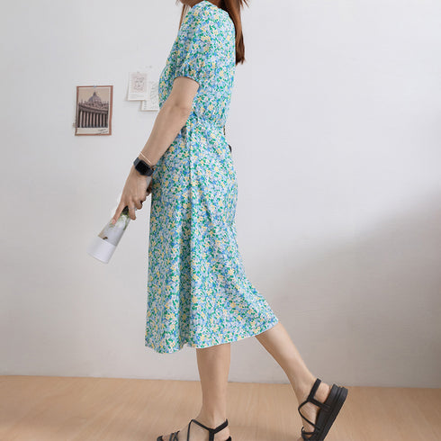 花柄 ロングワンピース レディース 春夏 大人可愛い リゾートワンピース クルーネック 総柄 パフスリーブ 半袖 サマーワンピ フラワー柄 体型カバー きれいめ 83KMIER-001