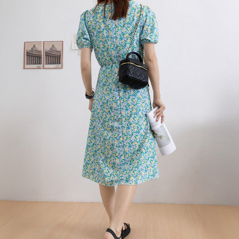 花柄 ロングワンピース レディース 春夏 大人可愛い リゾートワンピース クルーネック 総柄 パフスリーブ 半袖 サマーワンピ フラワー柄 体型カバー きれいめ 83KMIER-001