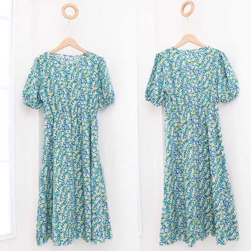 花柄 ロングワンピース レディース 春夏 大人可愛い リゾートワンピース クルーネック 総柄 パフスリーブ 半袖 サマーワンピ フラワー柄 体型カバー きれいめ 83KMIER-001
