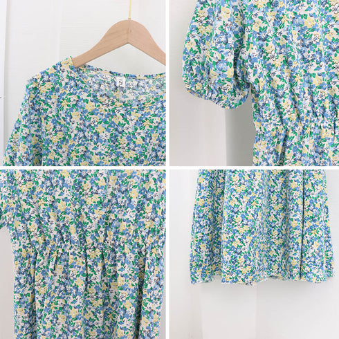 花柄 ロングワンピース レディース 春夏 大人可愛い リゾートワンピース クルーネック 総柄 パフスリーブ 半袖 サマーワンピ フラワー柄 体型カバー きれいめ 83KMIER-001