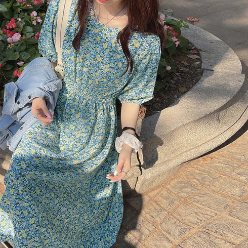 花柄 ロングワンピース レディース 春夏 大人可愛い リゾートワンピース クルーネック 総柄 パフスリーブ 半袖 サマーワンピ フラワー柄 体型カバー きれいめ 83KMIER-001