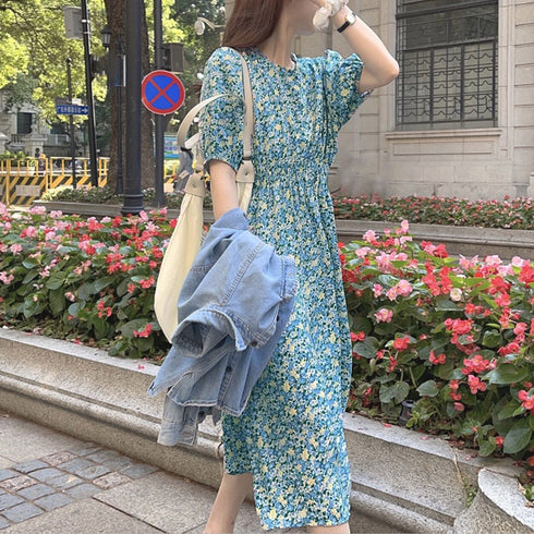 花柄 ロングワンピース レディース 春夏 大人可愛い リゾートワンピース クルーネック 総柄 パフスリーブ 半袖 サマーワンピ フラワー柄 体型カバー きれいめ 83KMIER-001