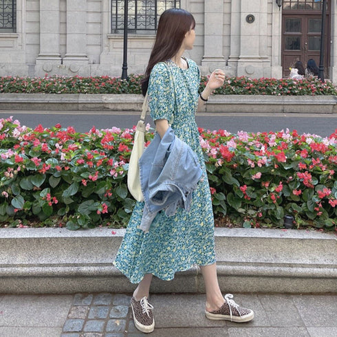 花柄 ロングワンピース レディース 春夏 大人可愛い リゾートワンピース クルーネック 総柄 パフスリーブ 半袖 サマーワンピ フラワー柄 体型カバー きれいめ 83KMIER-001