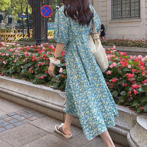 花柄 ロングワンピース レディース 春夏 大人可愛い リゾートワンピース クルーネック 総柄 パフスリーブ 半袖 サマーワンピ フラワー柄 体型カバー きれいめ 83KMIER-001