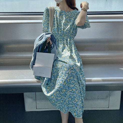 花柄 ロングワンピース レディース 春夏 大人可愛い リゾートワンピース クルーネック 総柄 パフスリーブ 半袖 サマーワンピ フラワー柄 体型カバー きれいめ 83KMIER-001