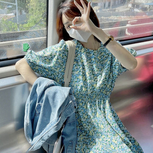 花柄 ロングワンピース レディース 春夏 大人可愛い リゾートワンピース クルーネック 総柄 パフスリーブ 半袖 サマーワンピ フラワー柄 体型カバー きれいめ 83KMIER-001