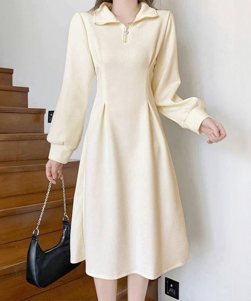 ハーフジップワンピース長袖ウエストタック レディース 襟付きワンピース 体型カバー Aラインワンピ きれいめカジュアル 無地オシャレ 大人上品フレアワンピース春秋 83KMIER-003