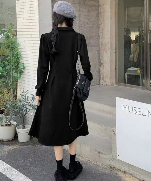 ハーフジップワンピース長袖ウエストタック レディース 襟付きワンピース 体型カバー Aラインワンピ きれいめカジュアル 無地オシャレ 大人上品フレアワンピース春秋 83KMIER-003