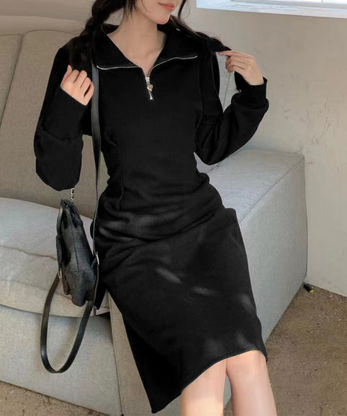 ハーフジップワンピース長袖ウエストタック レディース 襟付きワンピース 体型カバー Aラインワンピ きれいめカジュアル 無地オシャレ 大人上品フレアワンピース春秋 83KMIER-003