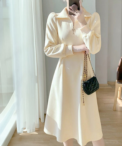 ハーフジップワンピース長袖ウエストタック レディース 襟付きワンピース 体型カバー Aラインワンピ きれいめカジュアル 無地オシャレ 大人上品フレアワンピース春秋 83KMIER-003